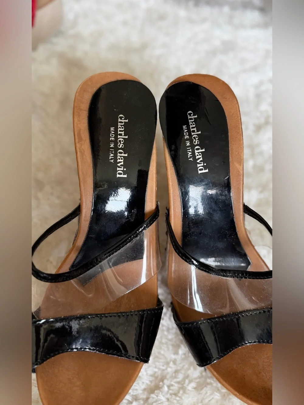 Charles David Brown Platform Heels with Black Patent & Clear Panels